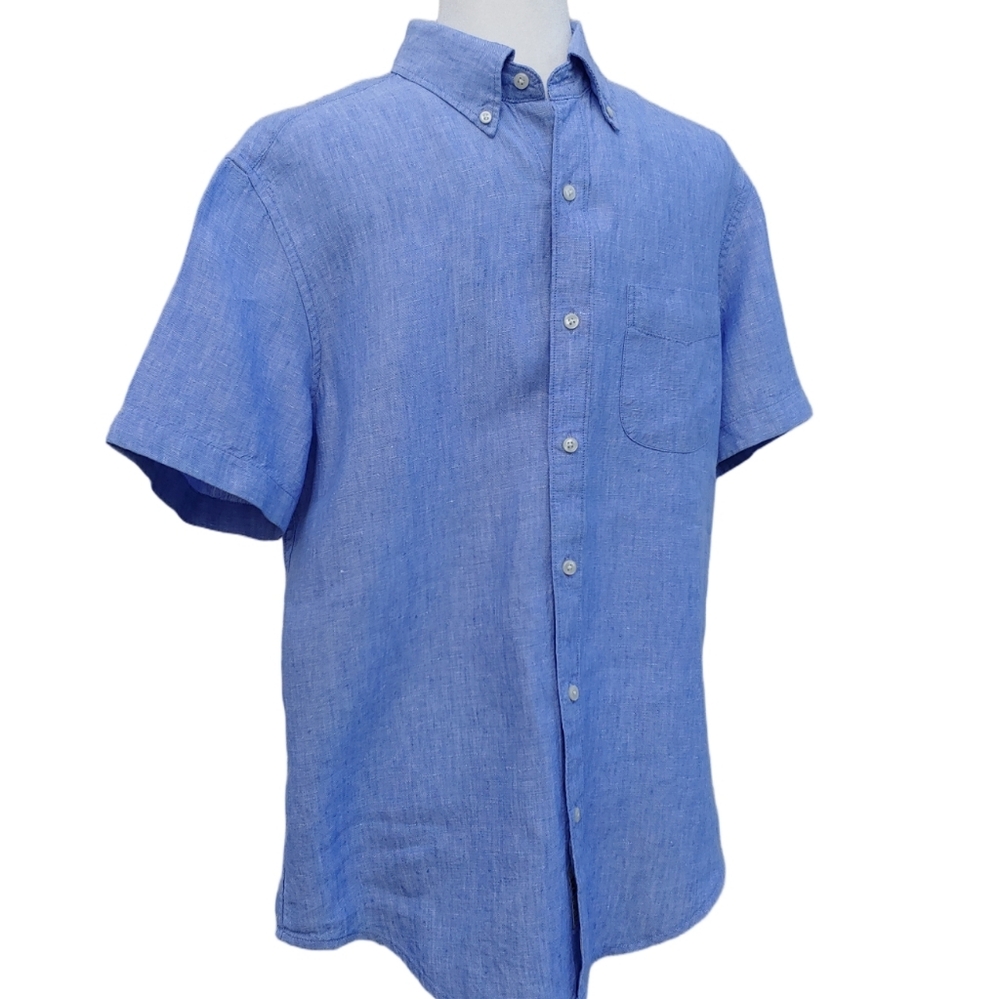 J.Crew Irish Linen Light Blue Classic Short Sleeve Men's Button Shirt Medium